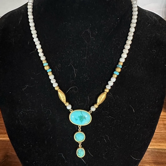 None Jewelry - 20 k gold turquoise pearl beaded pendant necklace